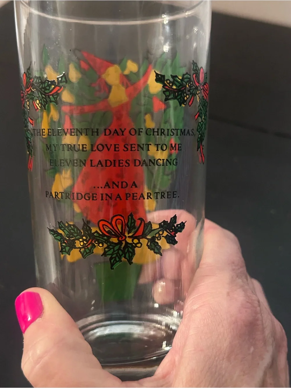 Vintage 12 Days of Christmas 11th Day Eleven Ladies Dancing Glass Tumbler 5.5”